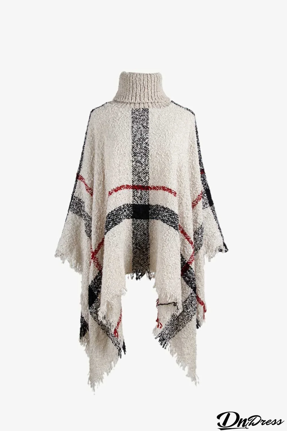 Plaid Turtleneck Raw Hem Poncho