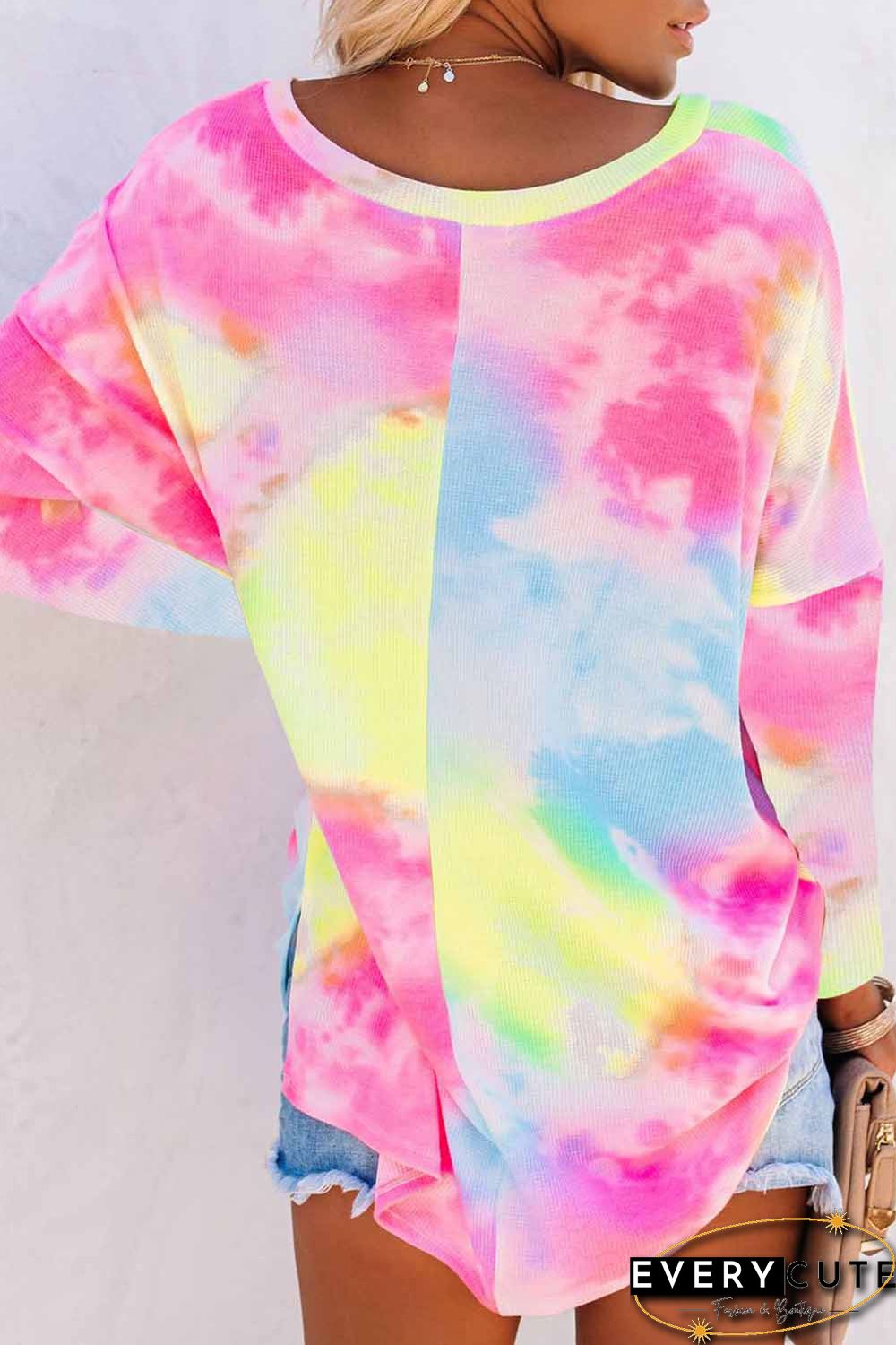 Multicolor Tie-dye V Neck Pullover Long Sleeve Top