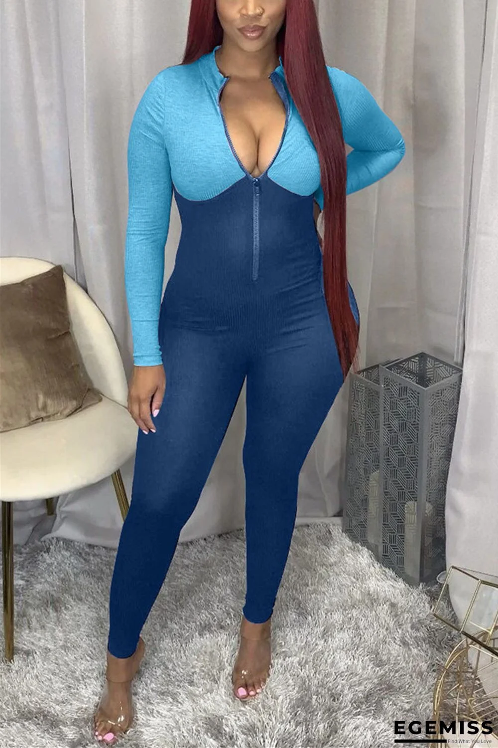 Blue Sexy Solid O Neck Regular Jumpsuits | EGEMISS