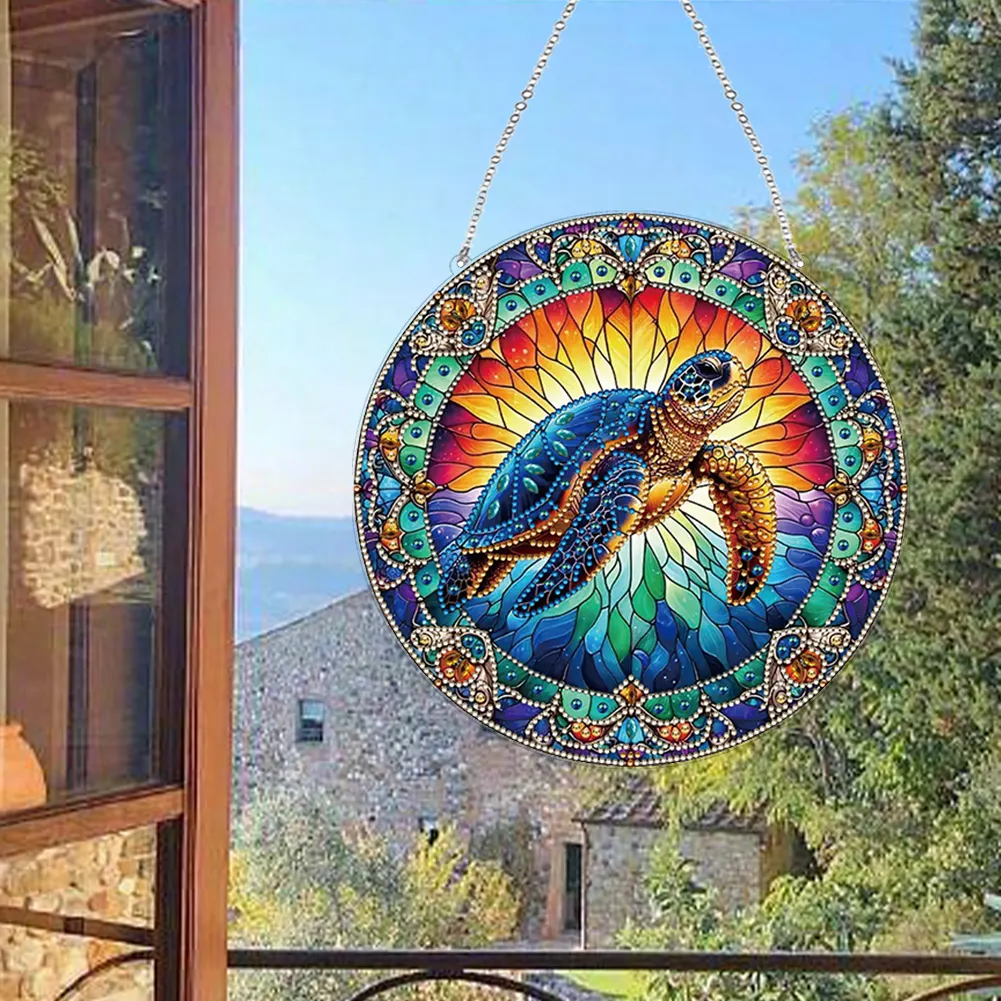 2D Flat DIY Stained Glass Turtle Suncatcher Diamond Painting Art Pendant