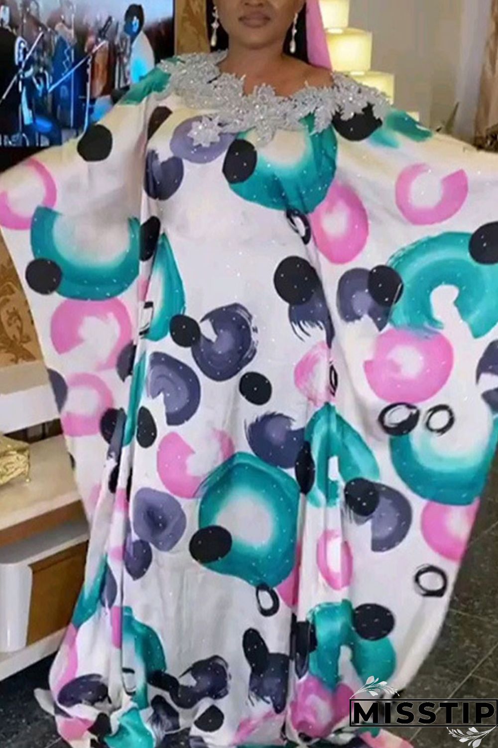 Multicolor Casual Print Patchwork Appliques O Neck Straight Plus Size Dresses