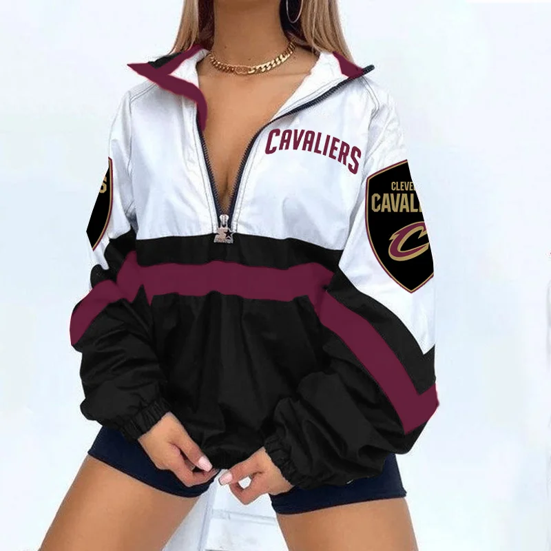 Women's Support Cleveland Cavaliers Basketball Print V Neck Zipper Sweatshirt Jacket