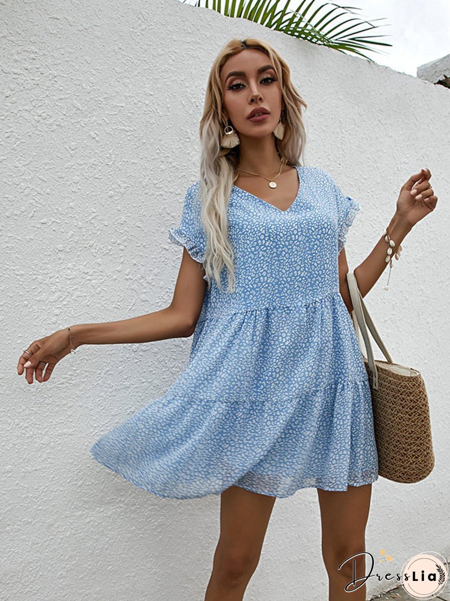 Chiffon Loose V Neck Short Sleeve Mini Dress