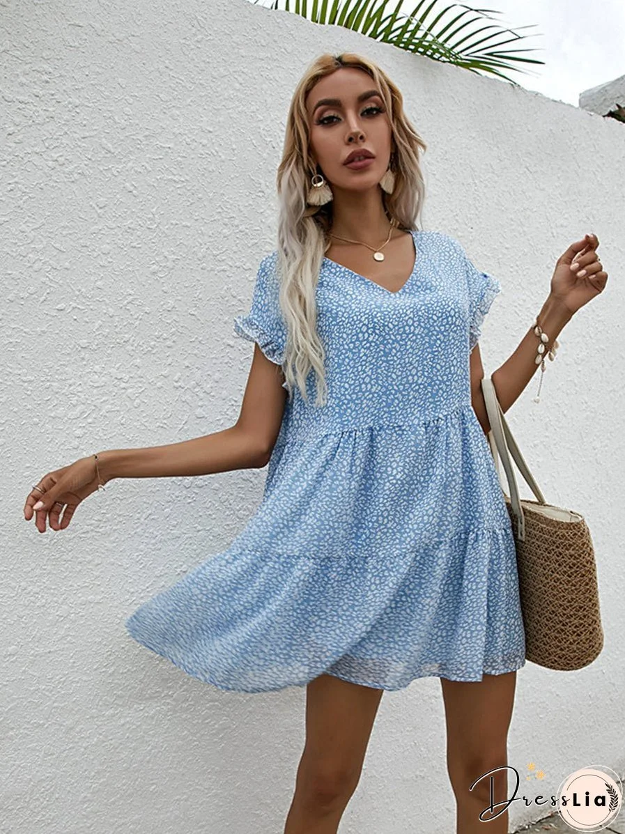 Chiffon Loose V Neck Short Sleeve Mini Dress