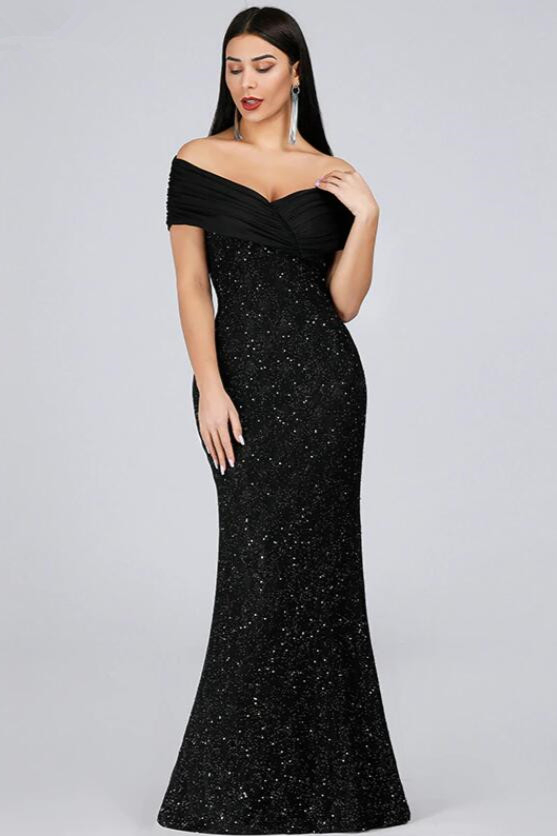 Chic Off-the-Shoulder Black Evening Gowns Mermaid Sequins Prom Dress Online - lulusllly