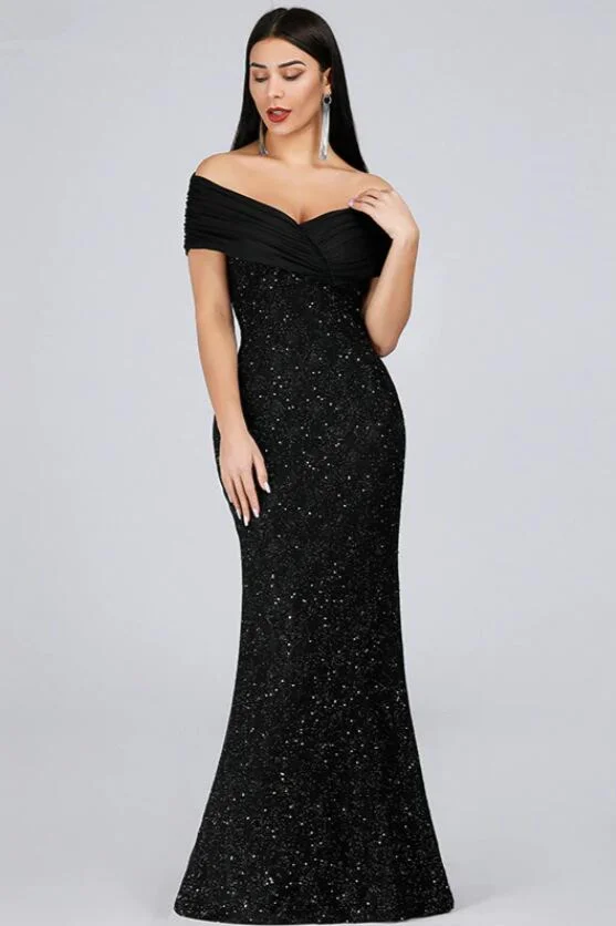 Bellasprom Black Evening Gowns Mermaid Sequins Prom Dress Online Off-the-Shoulder