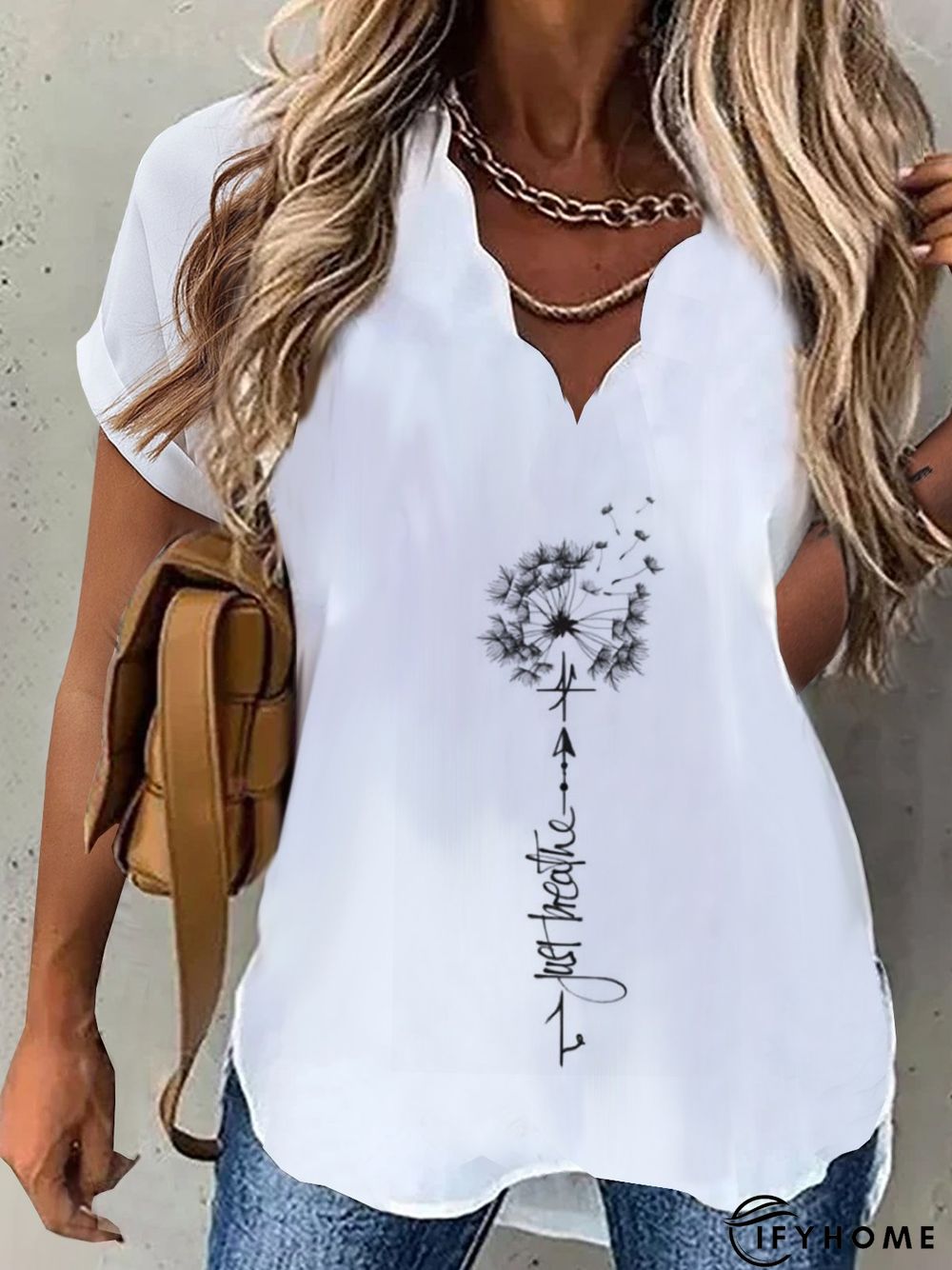 Women's Weekend Daily Casual Loose V Neck Dandelion Printed Short Sleeve Tunic Top | IFYHOME