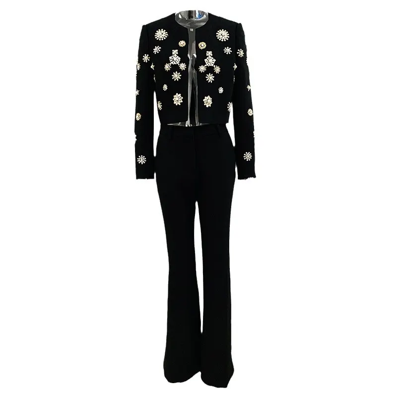 Nigikala Nigikala New Fashion Round Neck Heavy Industry Nail Beads Short Jacket Open Fork Horn Trousers Set