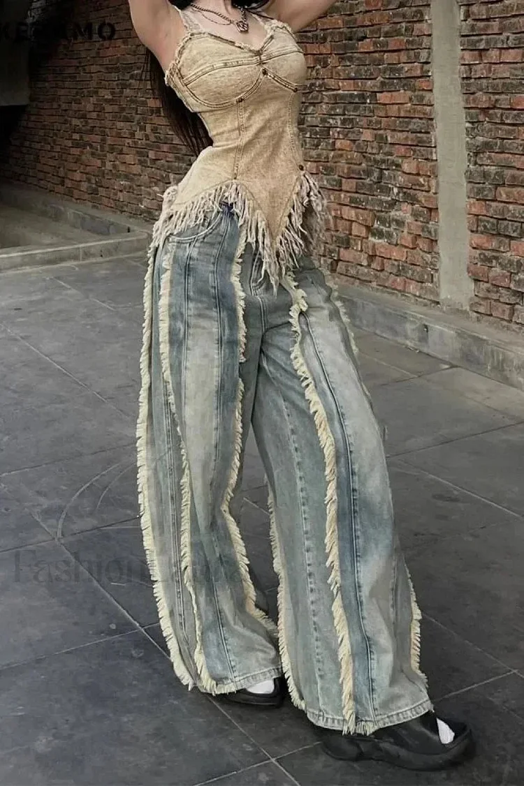 Washed Baggy Vintage Tassel Jeans