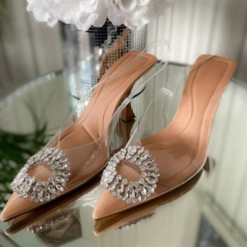Rhinestones Pointed Toe Women Sandals New Female Transparent Thin High Party Shoes Ladies Sexy Pu Leather Shallow Footwear 2022