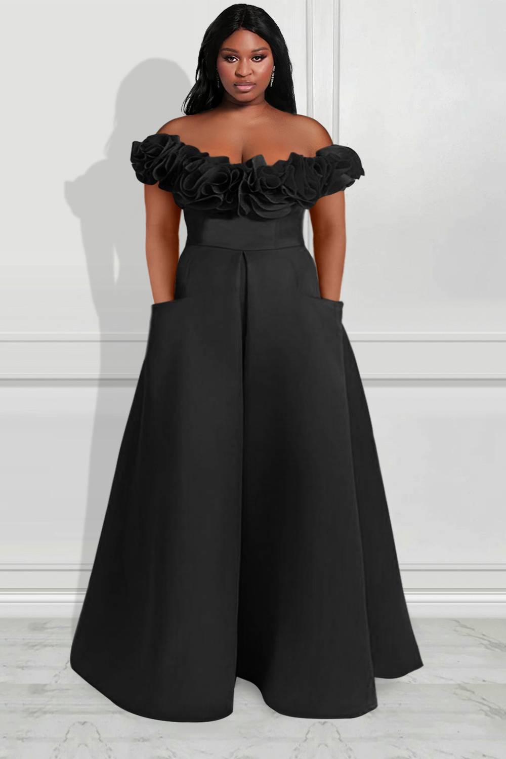 Design Plus Size Black Formal Satin Ruffle Off The Shoulder With Pocket Wide Leg Jumpsuits