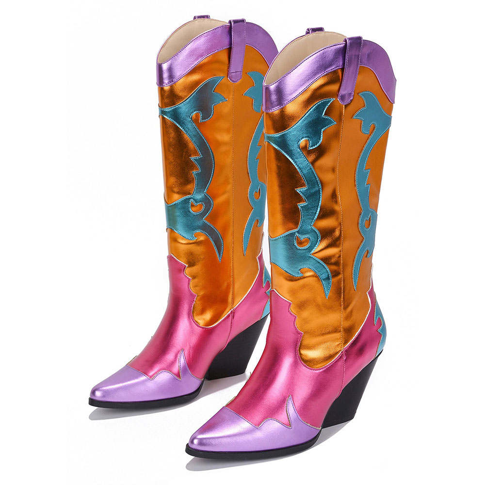 Multicolor Metallic Patchwork Chunky Heel Knee-High Cowgirl Boots Nicepairs