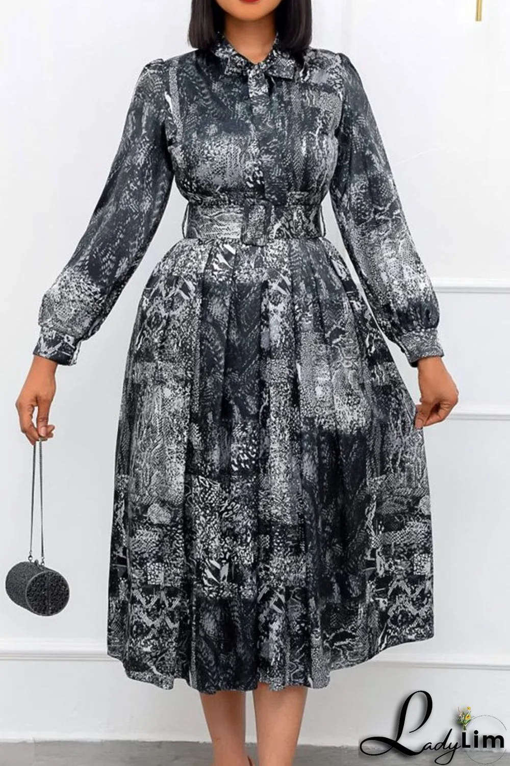 Black Elegant Print Patchwork With Belt O Neck A Line Dresses