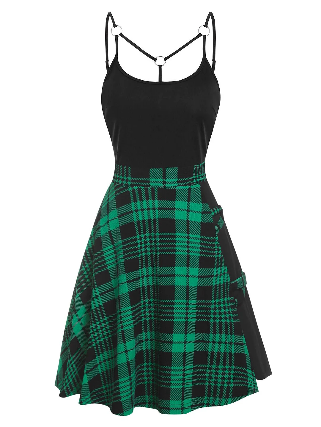 Gothic Casual Dress Plus Size 3XL Tartan Plaid Panel Crisscross Cami A Line Dress Sleeveless High Waist Mini Party Dress