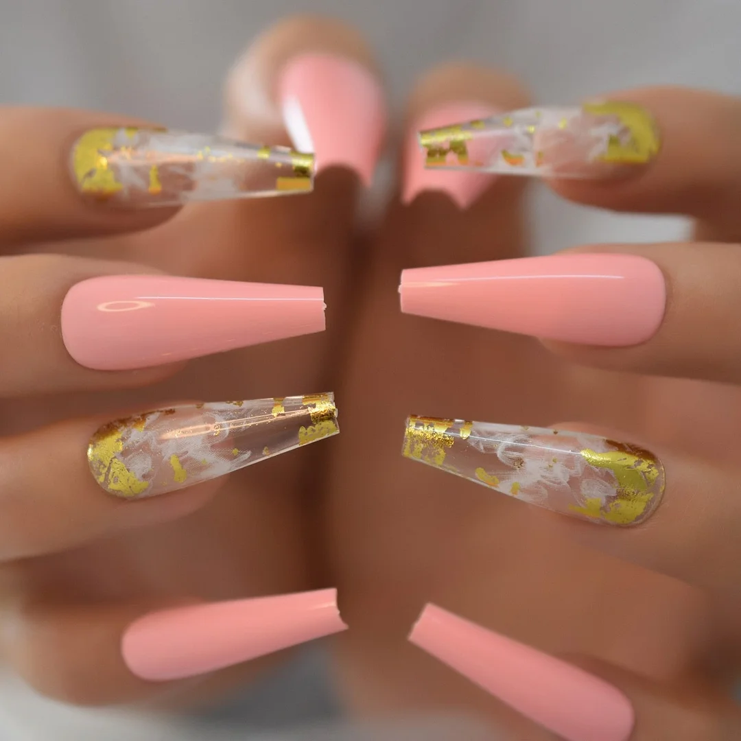 Glossy 24Pcs 6Pcs Foil Set Extra Long Fake Nails Fingernails Art Coffin Nails Tip Simple Design Supplies For Professionals EchiQ-Nail Inspo