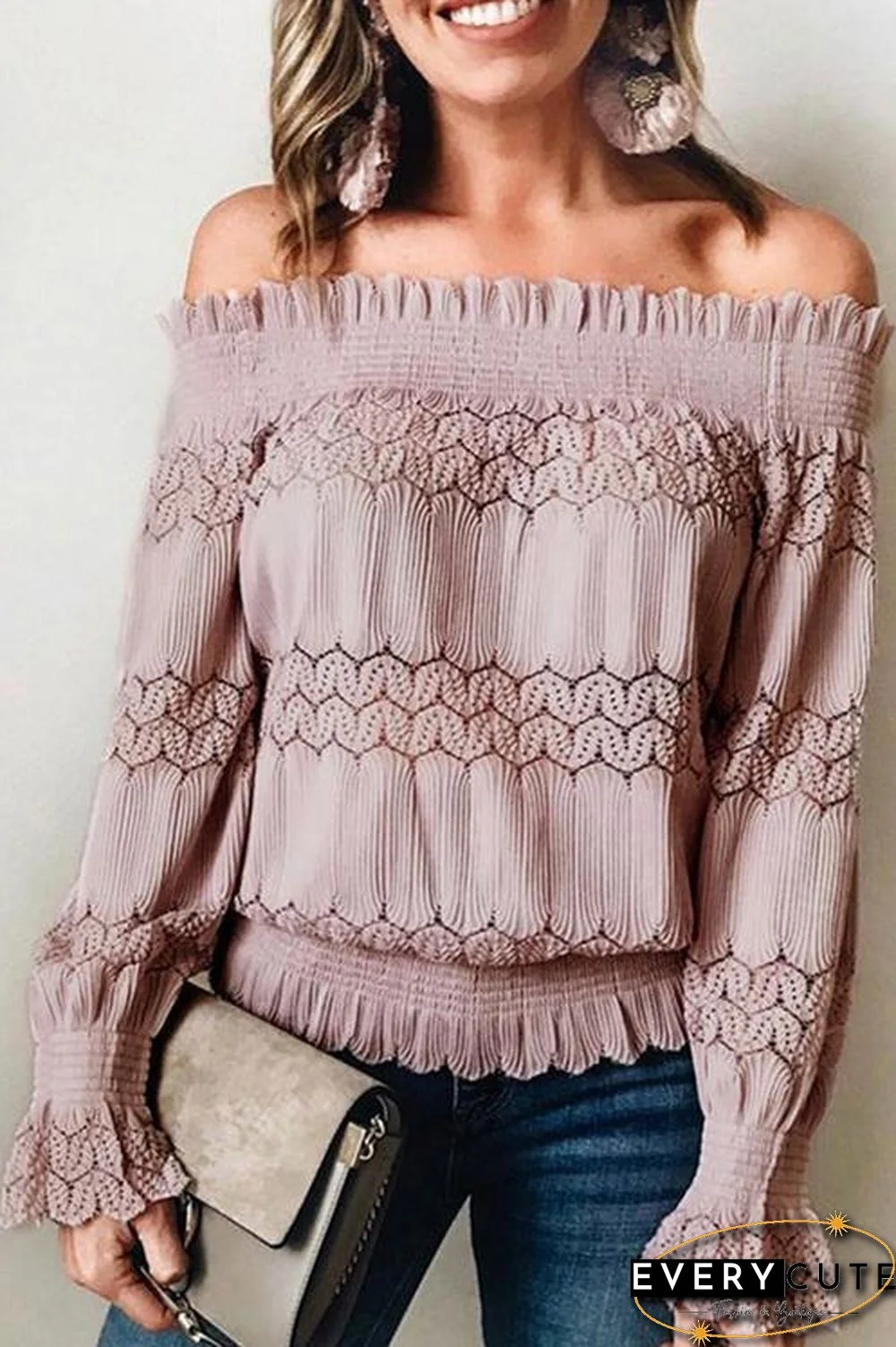 Off Shoulder Lace Crochet Ruffle Shirt(in 6 Colors)