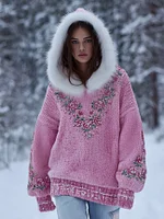 Women's  Bohemian Style Pink Rose Art Warm Hooded Knitted Sweater