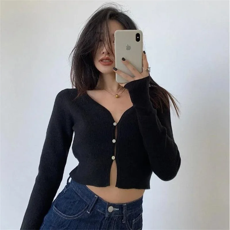 ABEBEY-New Spring V Neck Button Long Sleeve Sweaters Women Korean Style Thin Single Breasted Cardigans Lady Cropped Tops