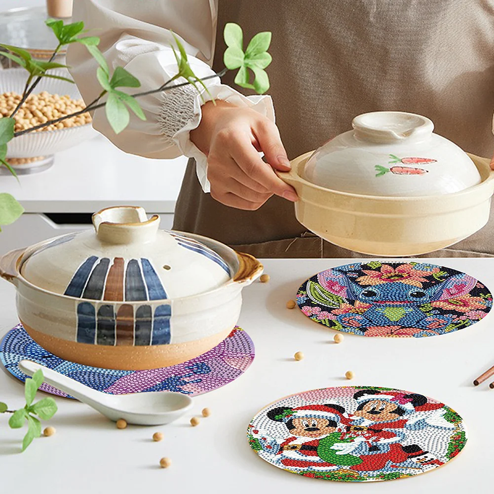 4pcs DIY Disneyland Cartoon Wooden Diamond Painted Placemats for Dining Table Decor(16*16cm)