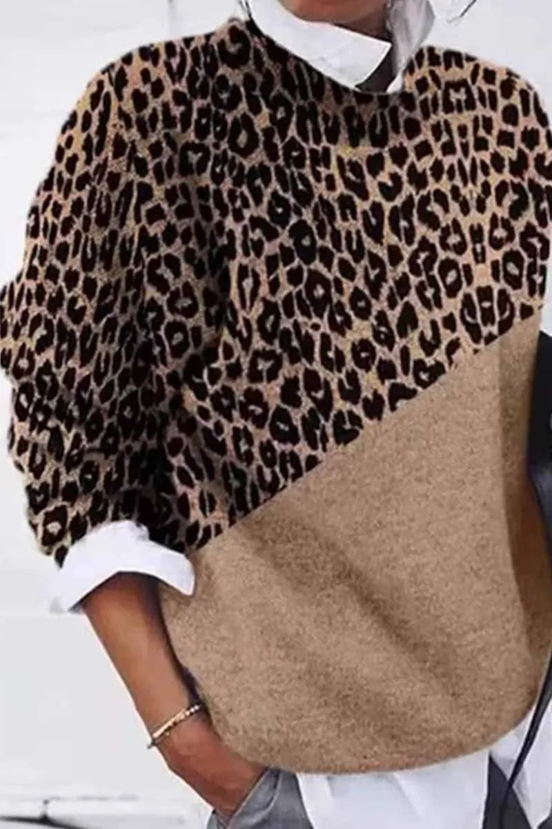 Florcoo Loose Round Neck Leopard Print Patchwork Sweater