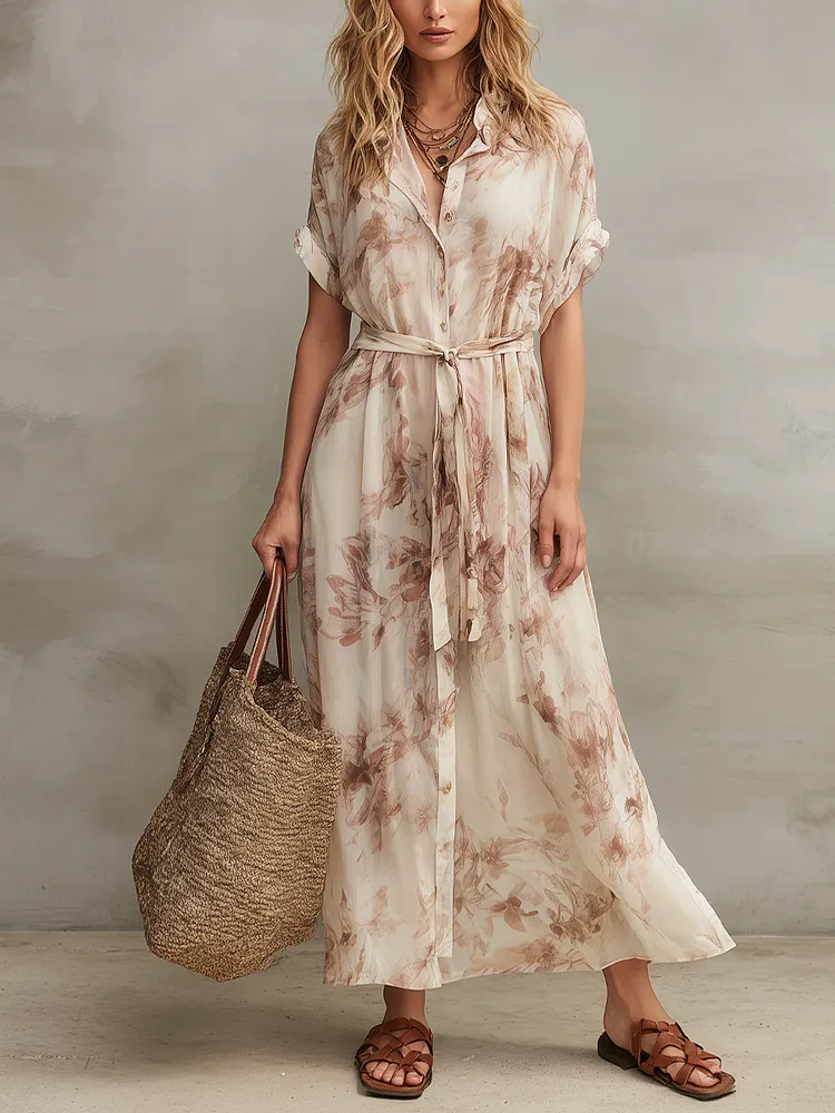 Relaxed Belted Printed Midi Dress