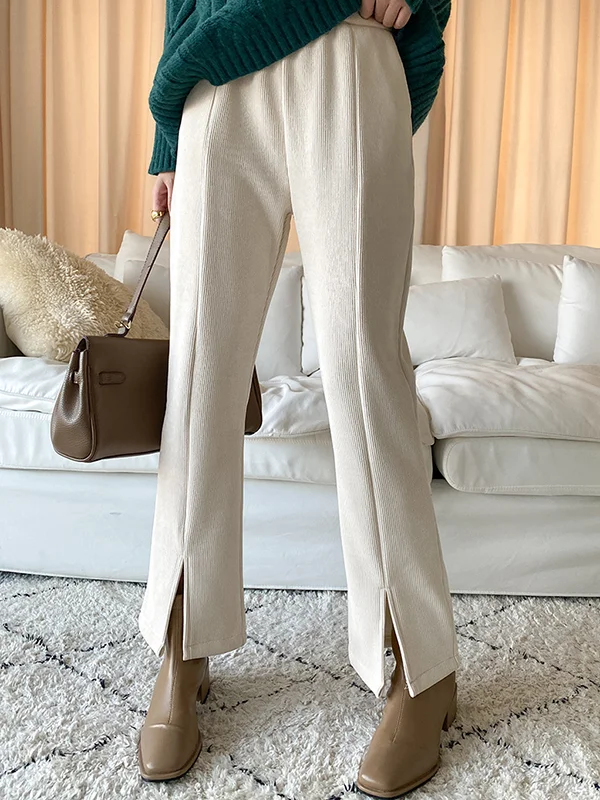 Casual Roomy Thread Fleece Split-Front Pure Color Flared Pants