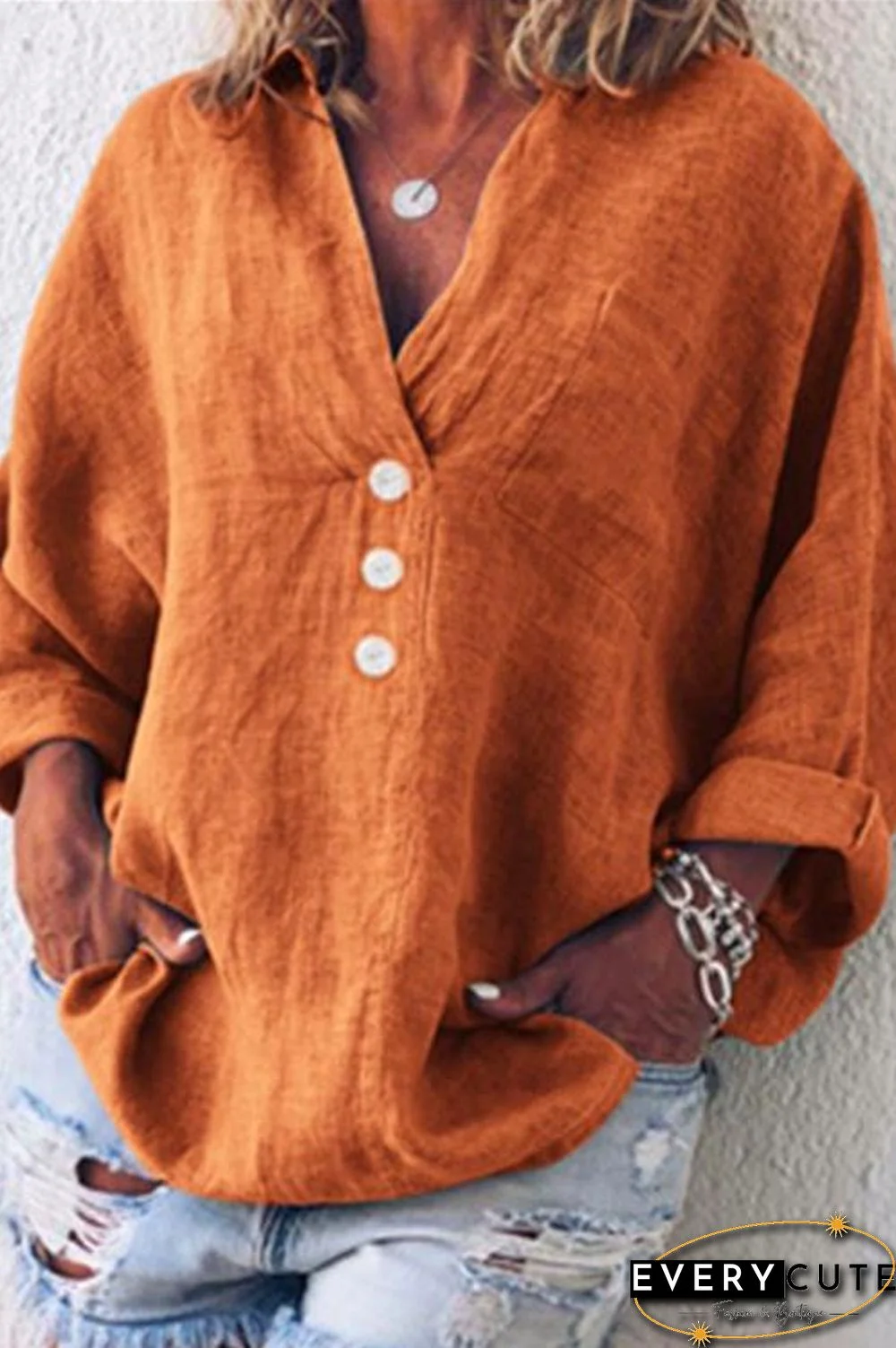 Loose V Neck Buttons Cotton Linen Shirt