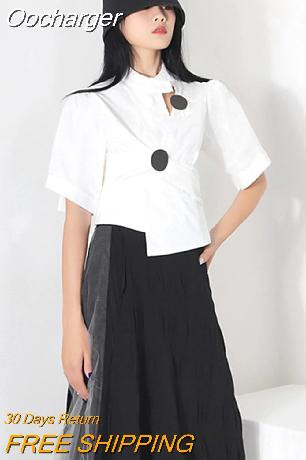 Oocharger White Casual Cut Out Shirts Female Irregular Collar Short Sleeve Asymmetrical Korean Fashion Woman Blouses 2023 New