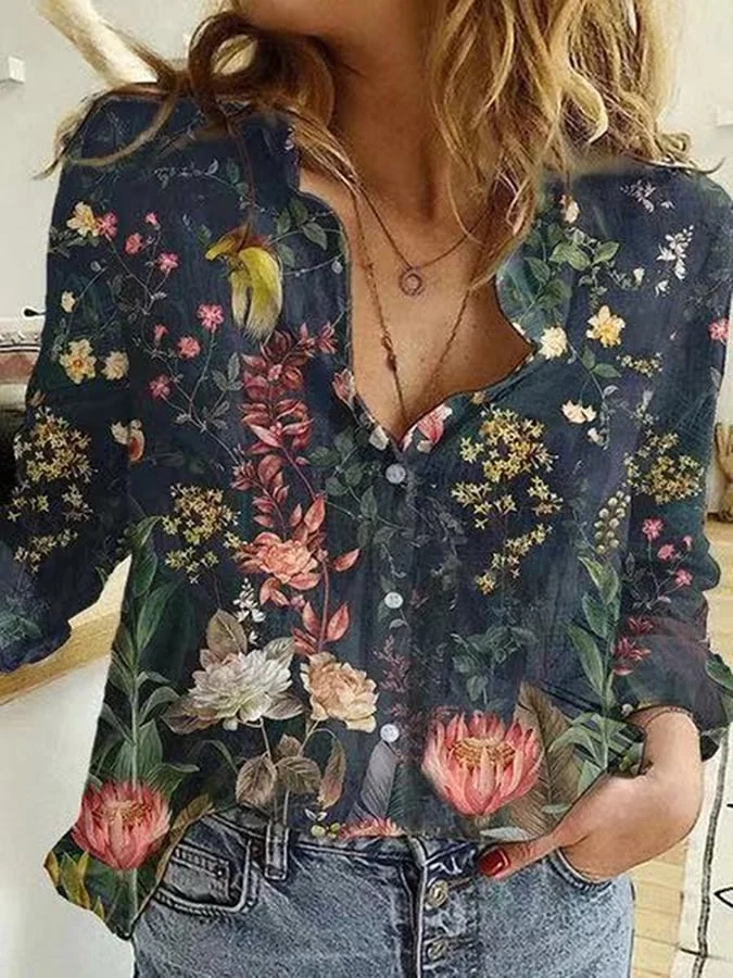 Casual Long -sleeved Lapel Printed Shirt