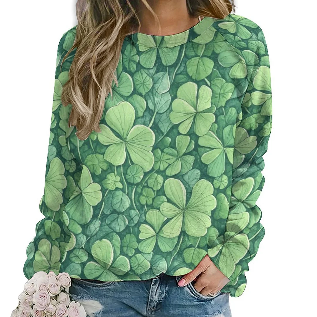 Printed Long Sleeve Casual Sweatshirt for  Women and Men Unisex Pattern St. Patrick's Day, Green, Clover, Lucky