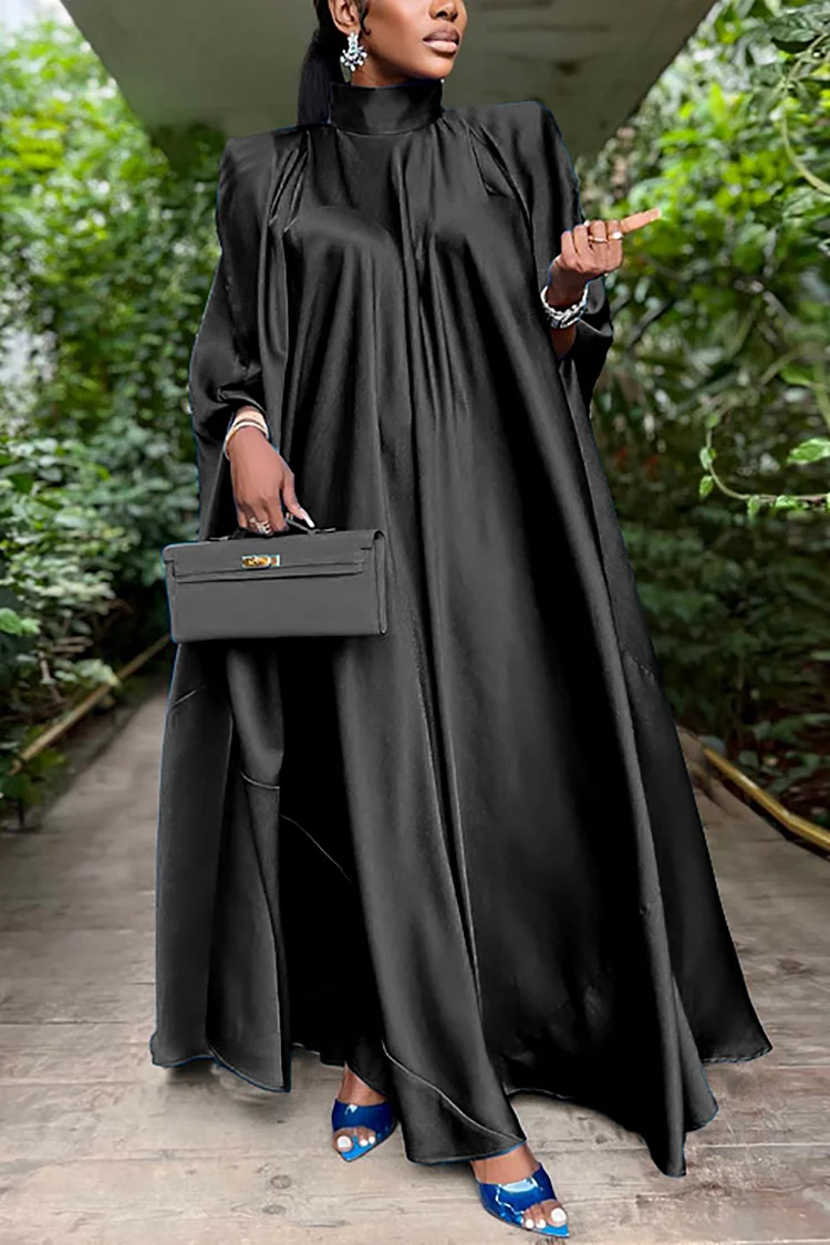 Xpluswear Plus Size Green Satin Tunic Church Long Sleeve Maxi Dress