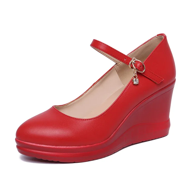 Colourp Spring Autumn Women Wedges High Heel Red Black White Shoes Thick Platform Pumps Soft Leather Vintage Casual Shoes