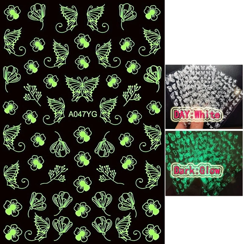 New Arrive Nail Art Sticker Decal Decoration Glow In Dark Butterfly Nail Stickes Back Glue Moon Manicure Sticker on Nails Design