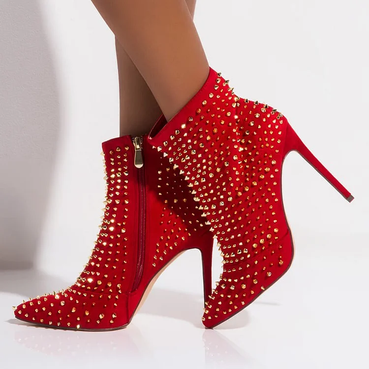 Red Rivets Vegan Suede Boots Stiletto Heel Pointed Toe Ankle Boots |FSJ Shoes