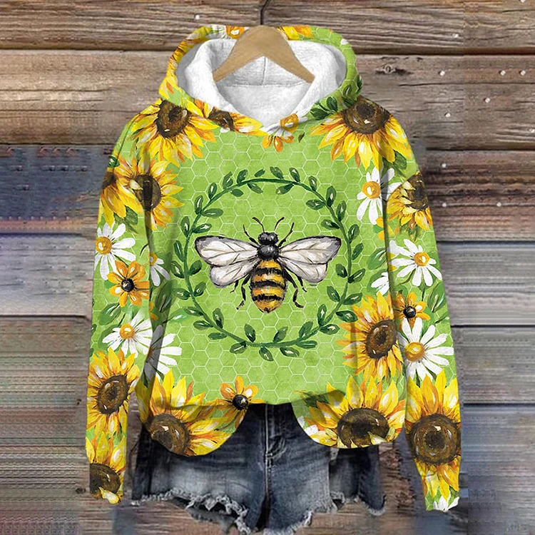 Comstylish Bee And Flower Art Pattern Print Long Sleeve Sweatshirt