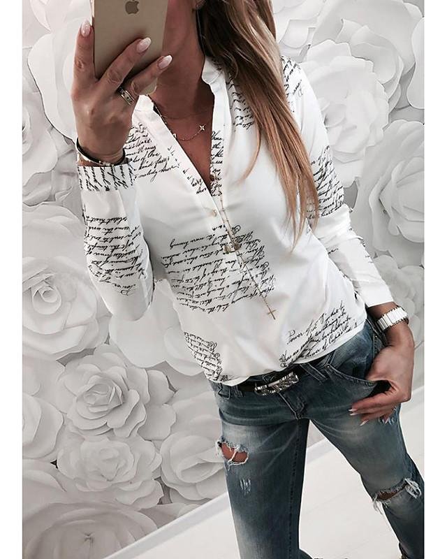 Women's Blouse Shirt Pattern Letter Long Sleeve Shirt Collar Tops Slim Basic Basic Top White-803 - VSMEE