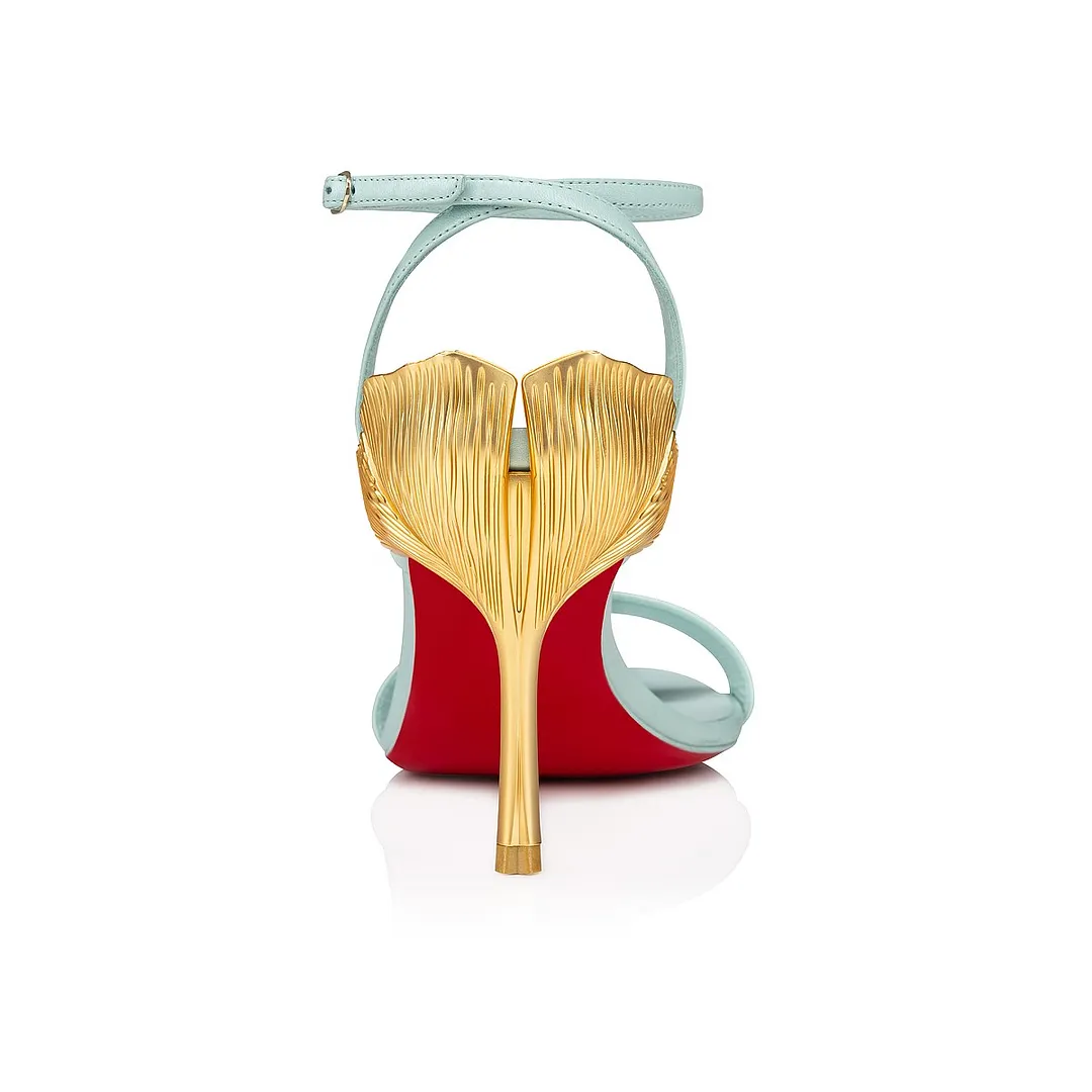 100mm Round Open Toe Ankle Strap High Heel Golden Ginkgo Leaf Heels Sandals Red Bottom Pumps-vocosishoes
