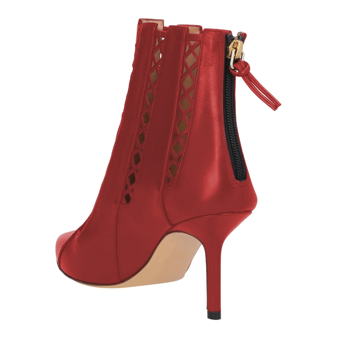 Chic Red Pointed Toe Zipper Lattice Cut Out Booties for Women