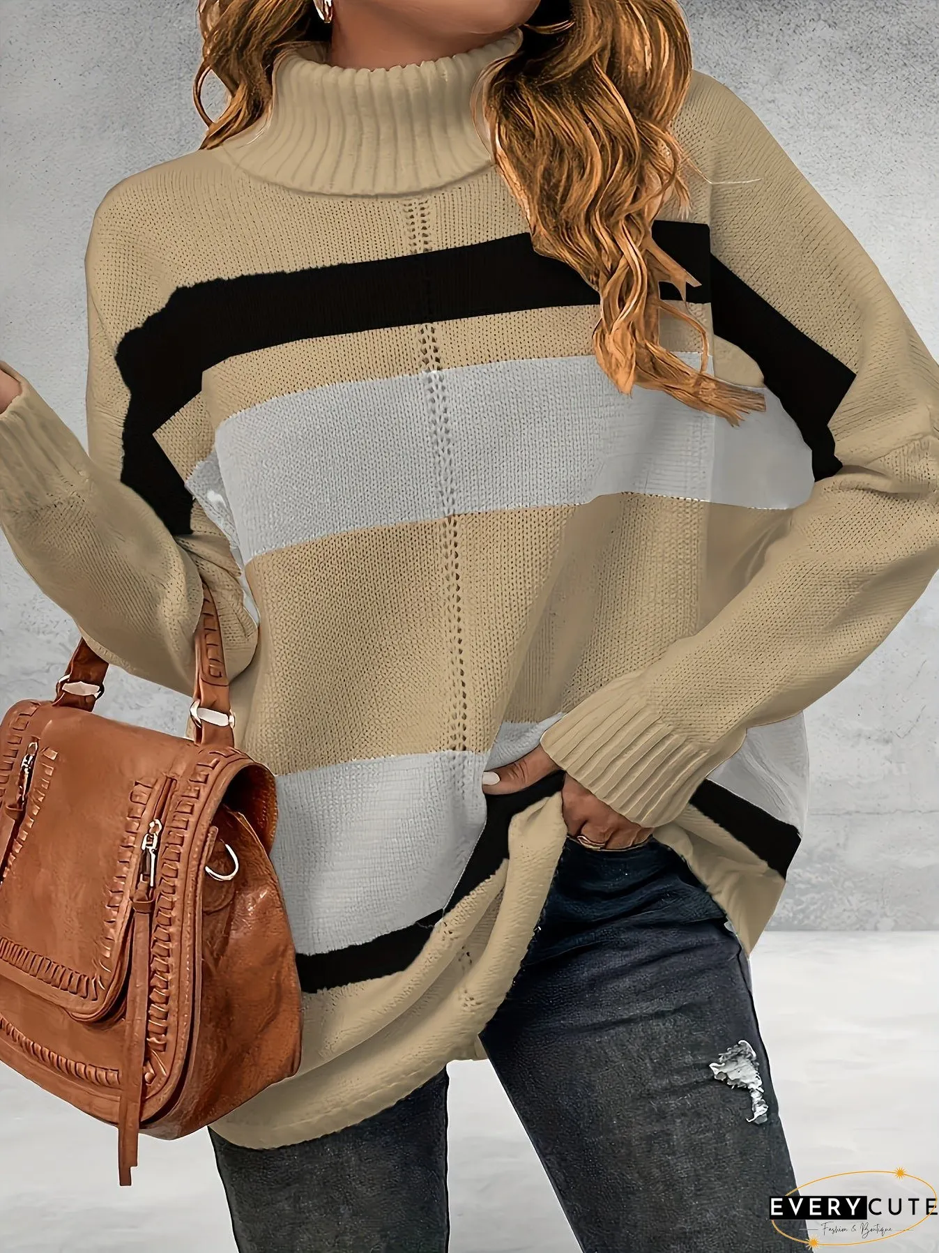 Plus Size Casual Sweater, Women's Plus Colorblock Long Sleeve Turtle Neck Slight Stretch Sweater
