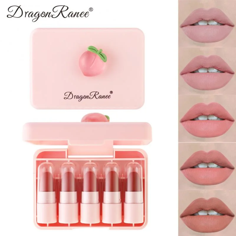 XPOKO 5 PCS Peach Mini Lipstick Set Matte Velvet Long-Lasting Coloring Lip Gloss Waterproof Non-Stick Cup Makeup For Women Cosmetics