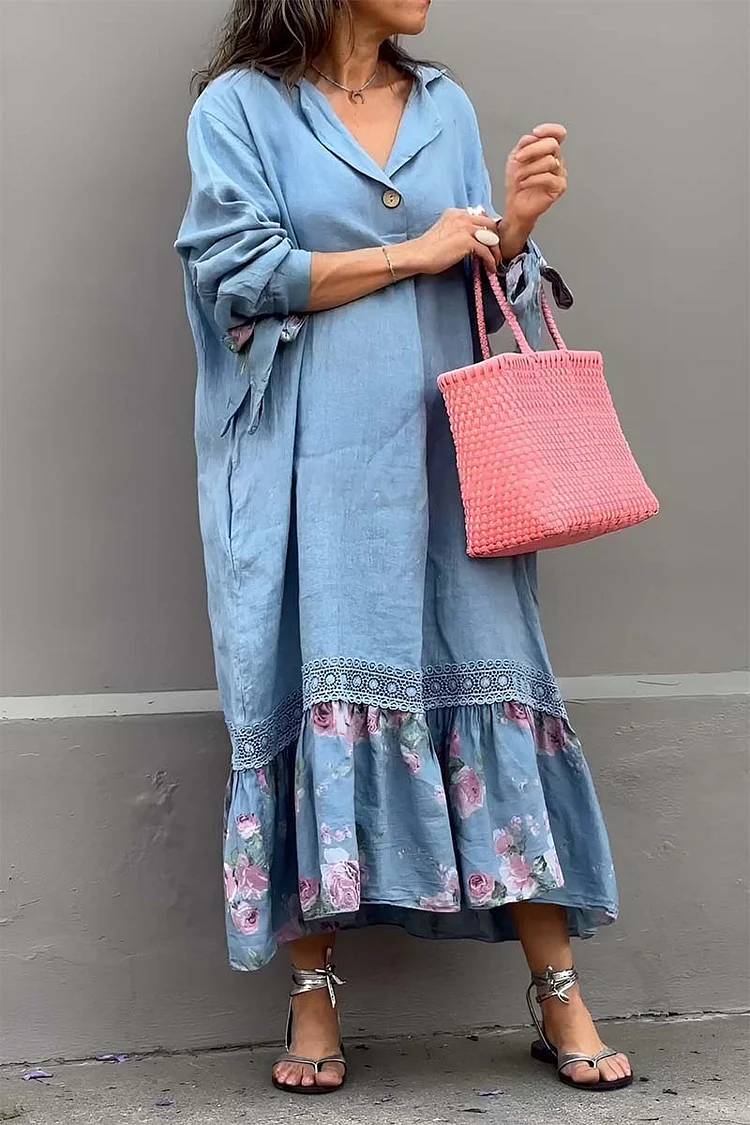 Lapel Collar Lace Patchwork Floral Printed Linen Midi Dresses [Pre Order]
