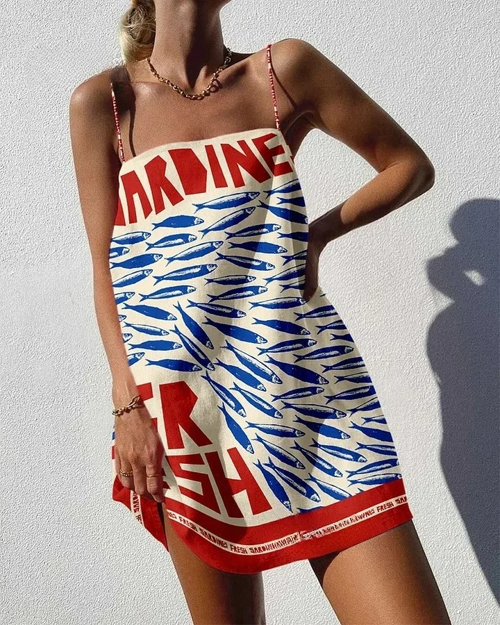 Vintage Blue Sardines Print Mini Dress
