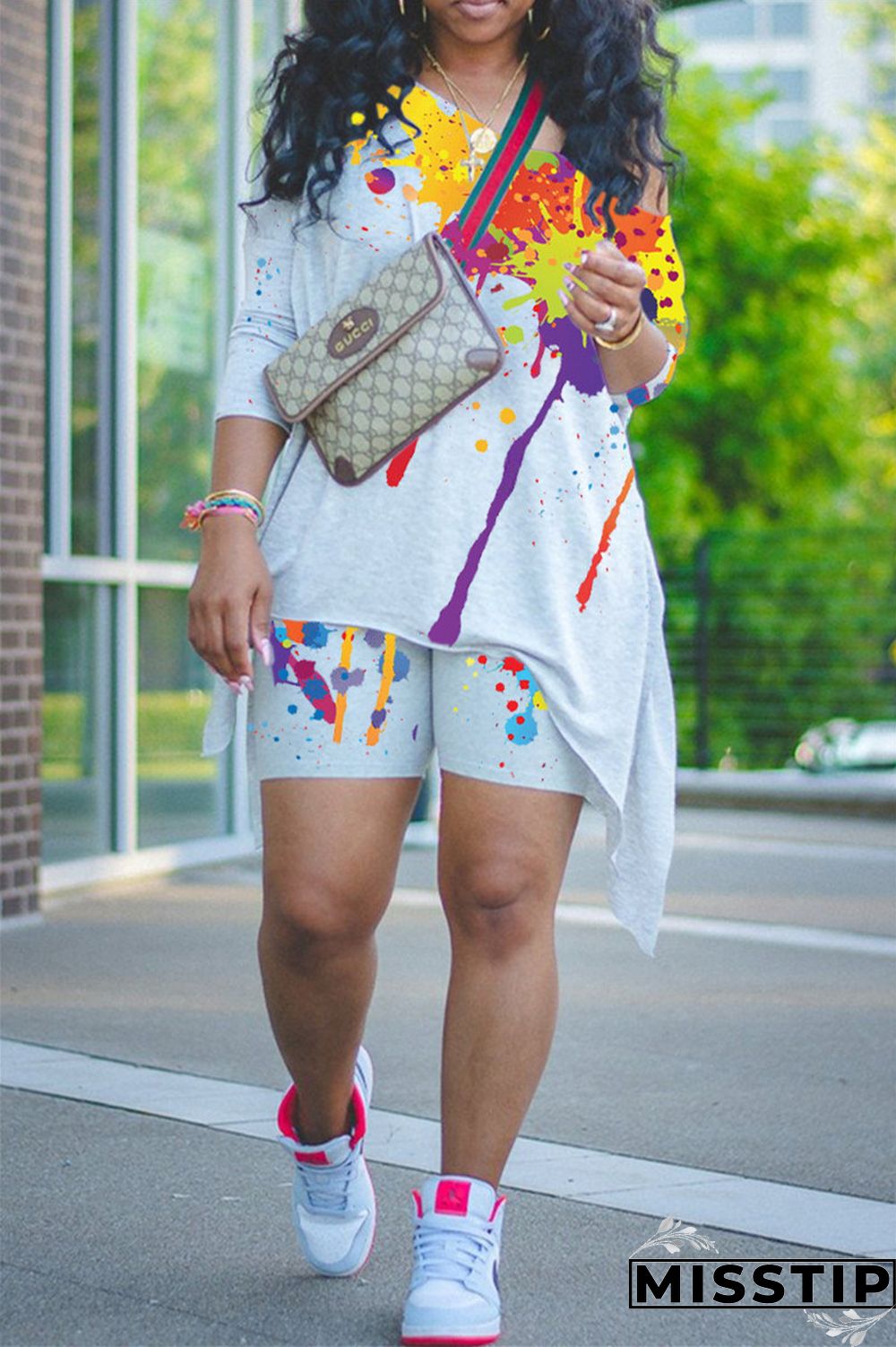 Burgundy Fashion Casual Print Basic Asymmetrical Oblique Collar Long Sleeve Two Pieces