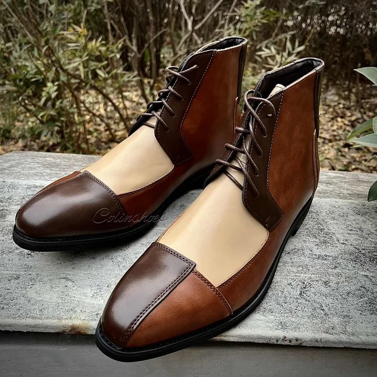 Men's High Top Patchwork Pointy Toe Ankle Boots
