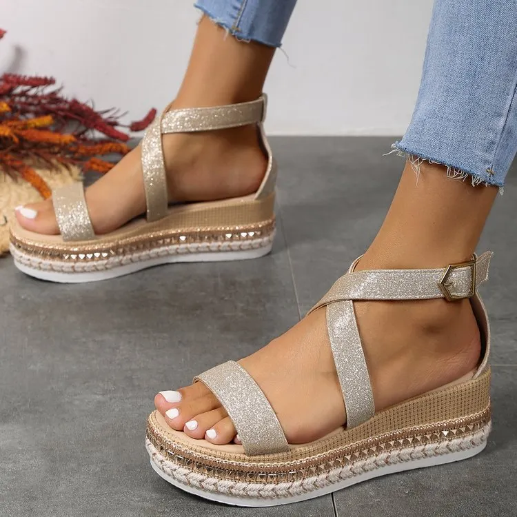 Yyvonne Summer New Large-Size Fish Mouth Buckle Slope Heel Sandals Women's Fashion Comfortable Thick-Soled Bright Face Women's Sandals