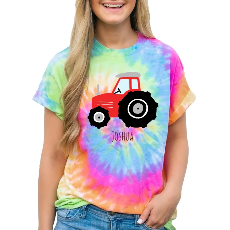 Women and Men Tie Dye Tee Boys Cute Red Farm Tractor Cartoon With Name T Shirt - Heather Prints Shirts