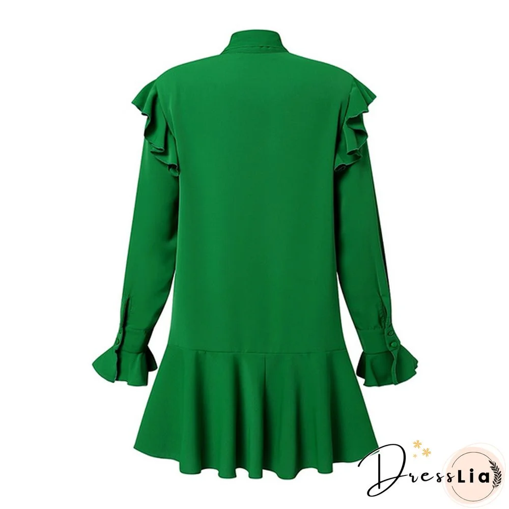 Women Long Sleeved Mini Dress Vestidos Bowknot Ruffled Party Elegant Casual Pleated Short Dress Plus Size