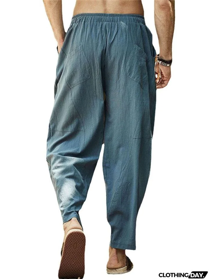 Men Loose Drawstring Casual Solid Color Pants
