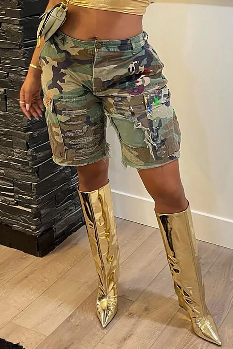 Xpluswear Plus Size Army Green Daily Camo Patch Pocket Shorts 