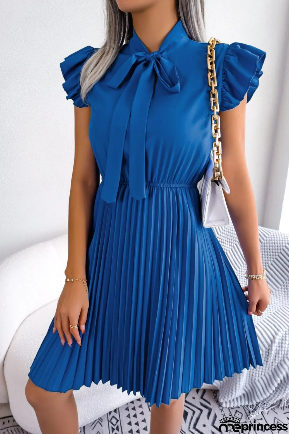 Tie Neck Butterfly Sleeve Pleated Dress